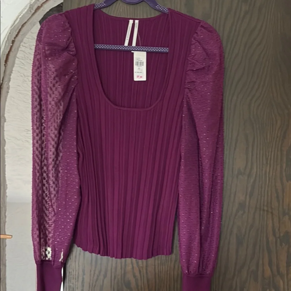 Anthropologie Purple Puff Sleeve Blouse with Ribbed Texture - Picture 2 of 6